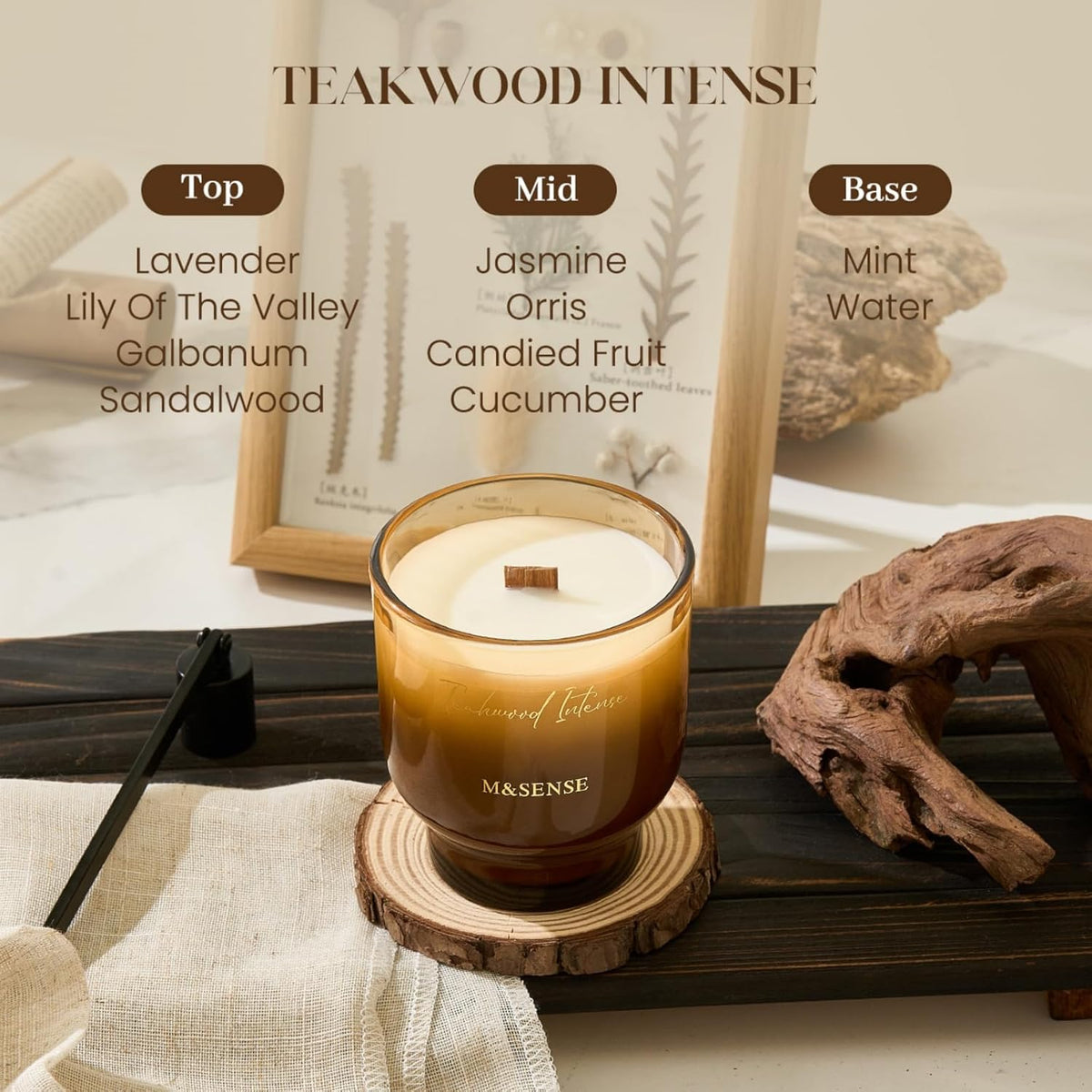 M&SENSE 9.88oz Natural Soy Wax Jar Candle with Wooden Wick | Teakwood Intense Scent | 55-Hour Burn
