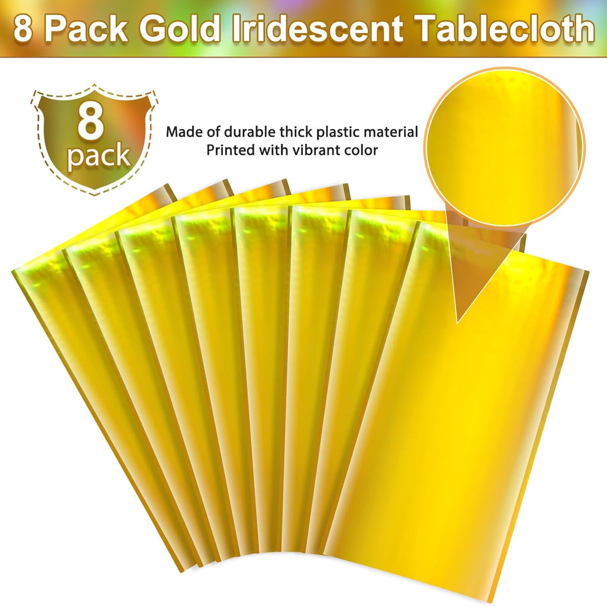 8 Pack Gold Iridescent Plastic Tablecloths Shiny Disposable Laser Rectangle Table Covers
