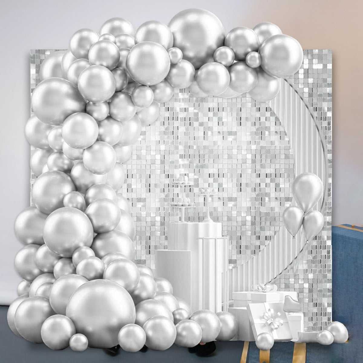 24PCS Silver Shimmer Wall Backdrop, Square Sequin Backdrops Panel, Glitter Wall Background for
