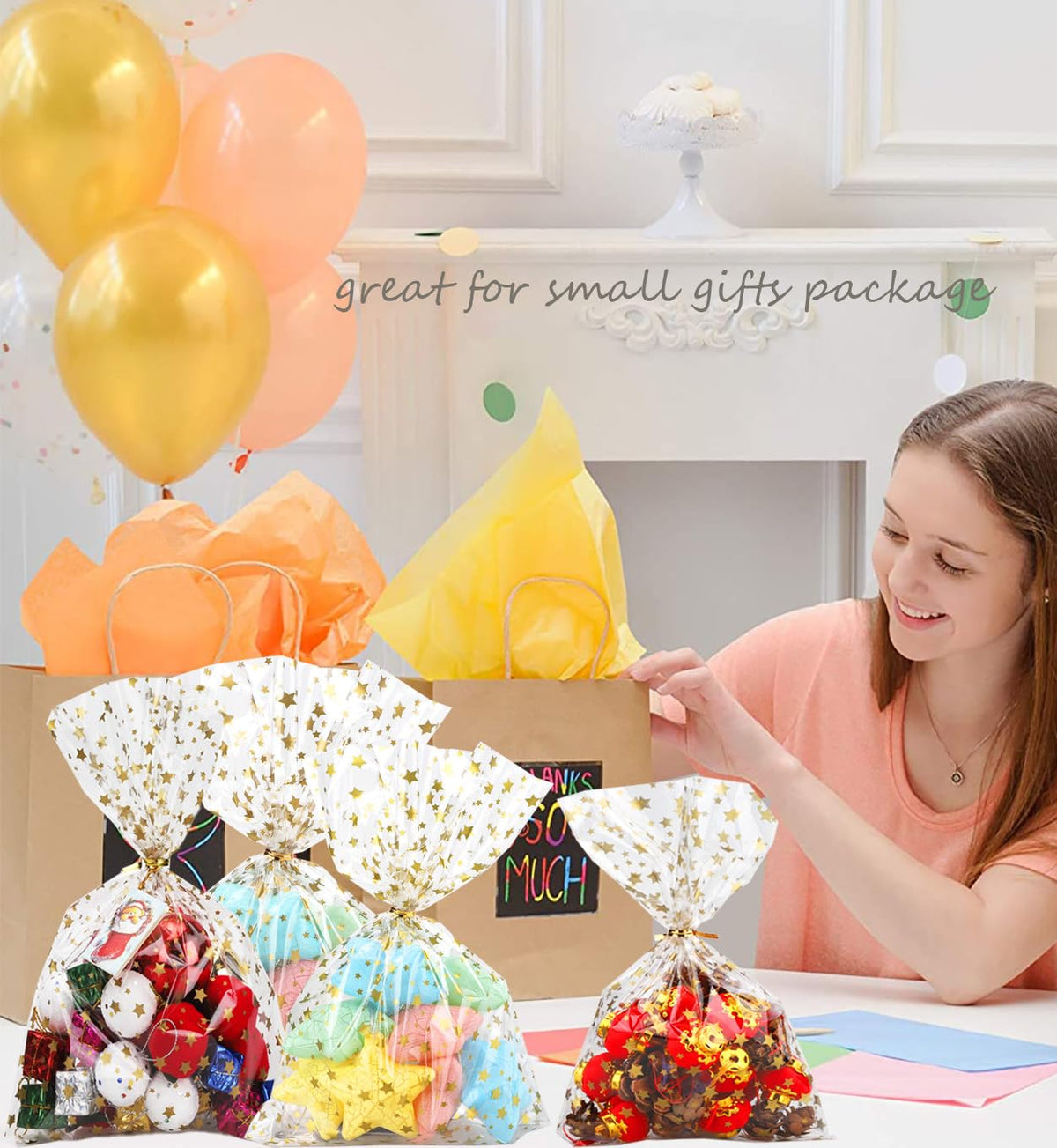 COQOFA 100 Pcs Star Printed 5"X 7" Gift Wrap Cello Cellophane Treat Bags Party Favor bags Clear