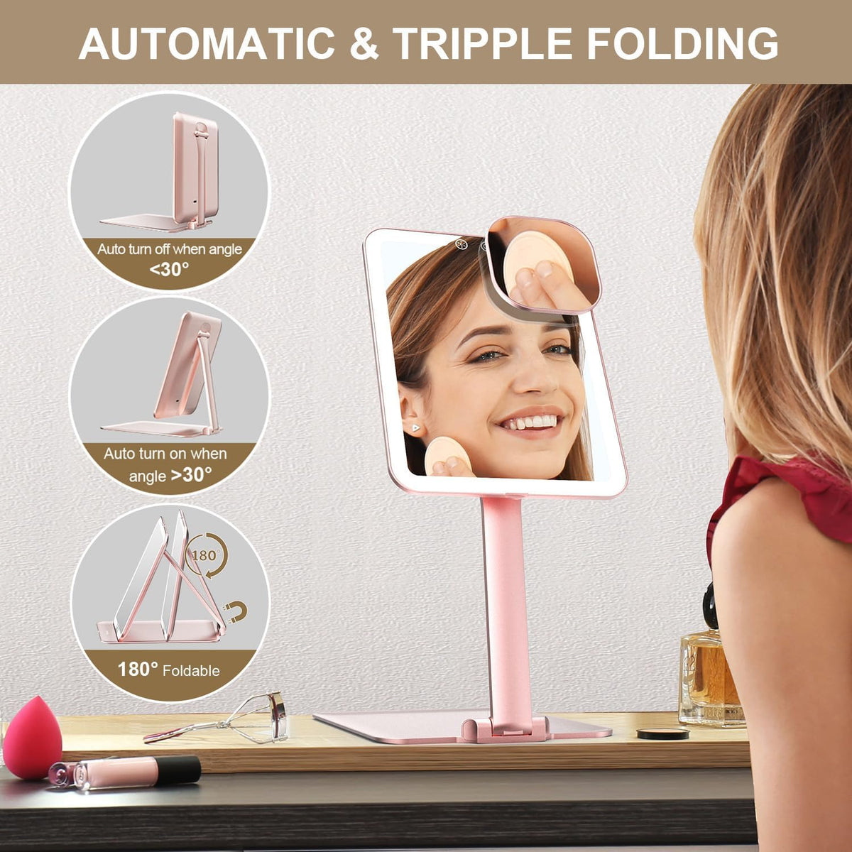 Mocado Travel Makeup Mirror with Light - 7x5 Inches Tripple Folding Travel Mirror with Light, 3
