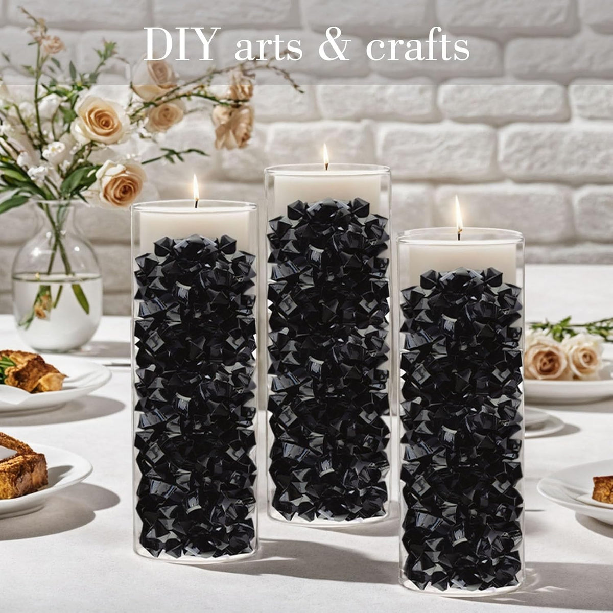 DomeStar Black Fake Ice, 150PCS Acrylic Fake Diamonds, Vase Fillers Black Plastic Gems Marbles for