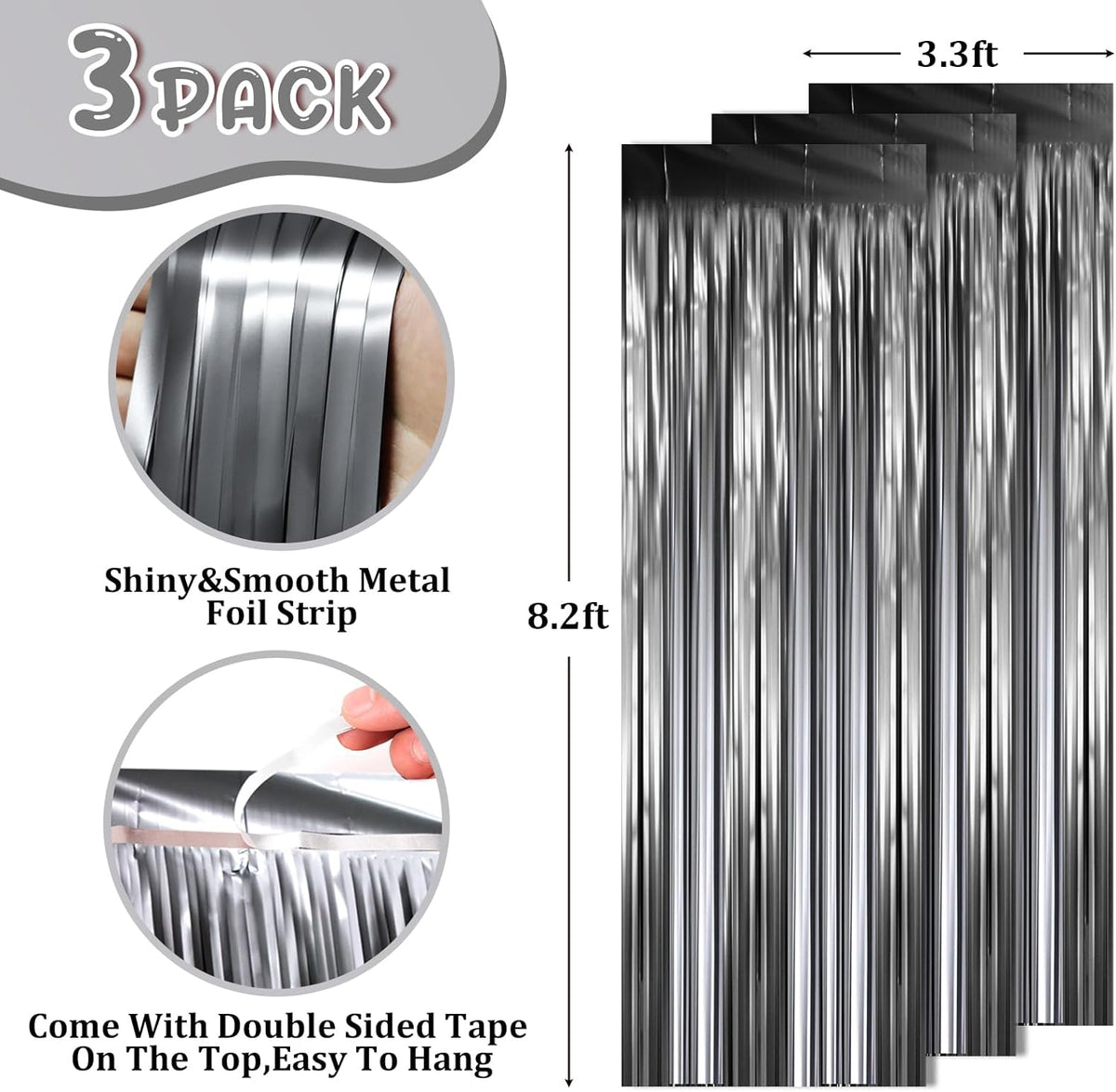 3 Pack 3.3 x 8.2 ft Matte Black Foil Fringe Backdrop Curtains,Gray Tinsel Streamers Party