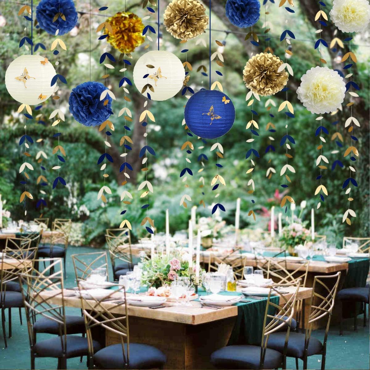 Navy Blue and Gold Party Decoration Kit Lanterns Flowers Pom Pom with Champagne Gold 3D Butterfly