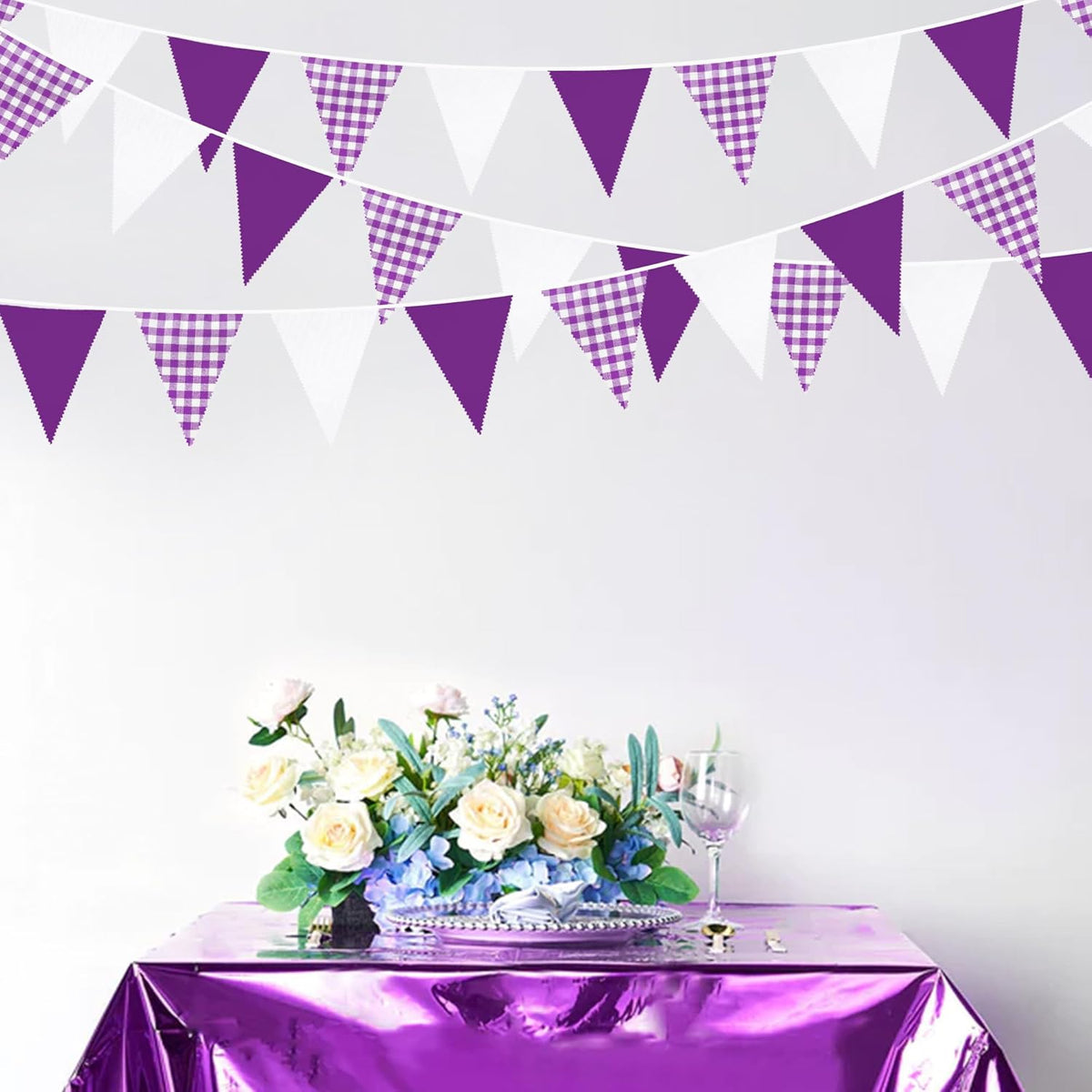 32Ft Purple Party Decorations Purple Buffalo Plaid Checkered White Triangle Flag Gingham Pennant