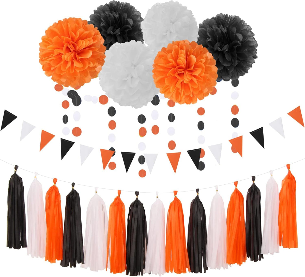 Black White Orange Halloween Party-Decorations - 23pcs Tissue Pom Poms Streamers,Tassel Garland