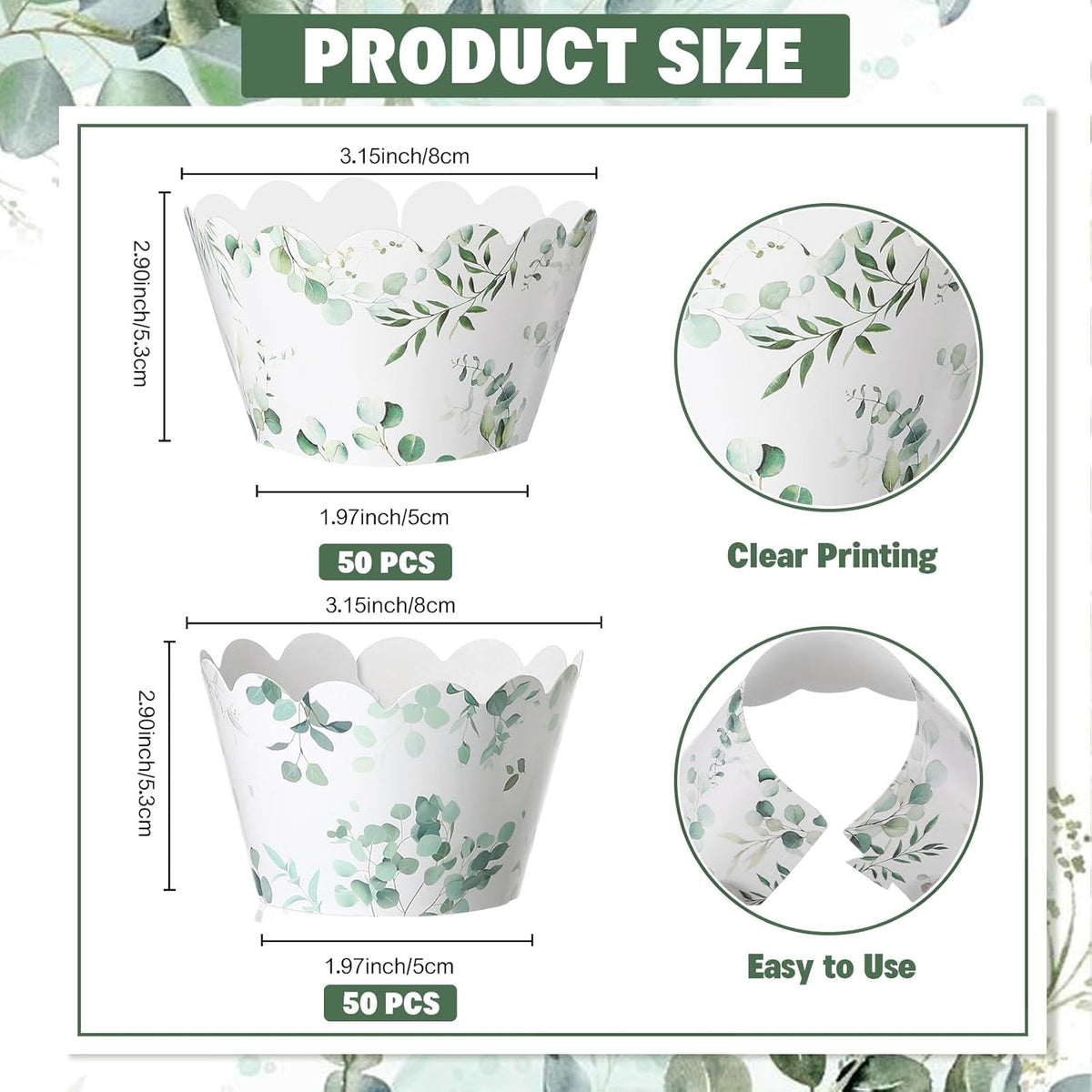 Domensi 100 Pcs Eucalyptus Cupcake Wrappers Rustic Cupcake Liners Green Tulip Baking Cups Baking