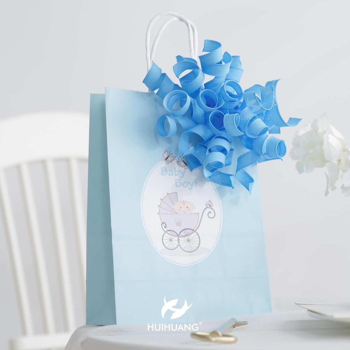 HUIHUANG Baby Blue Bows for Gift Wrapping, Blue Curly Ribbon Bows Self Adhesive Burst Gift Bows for
