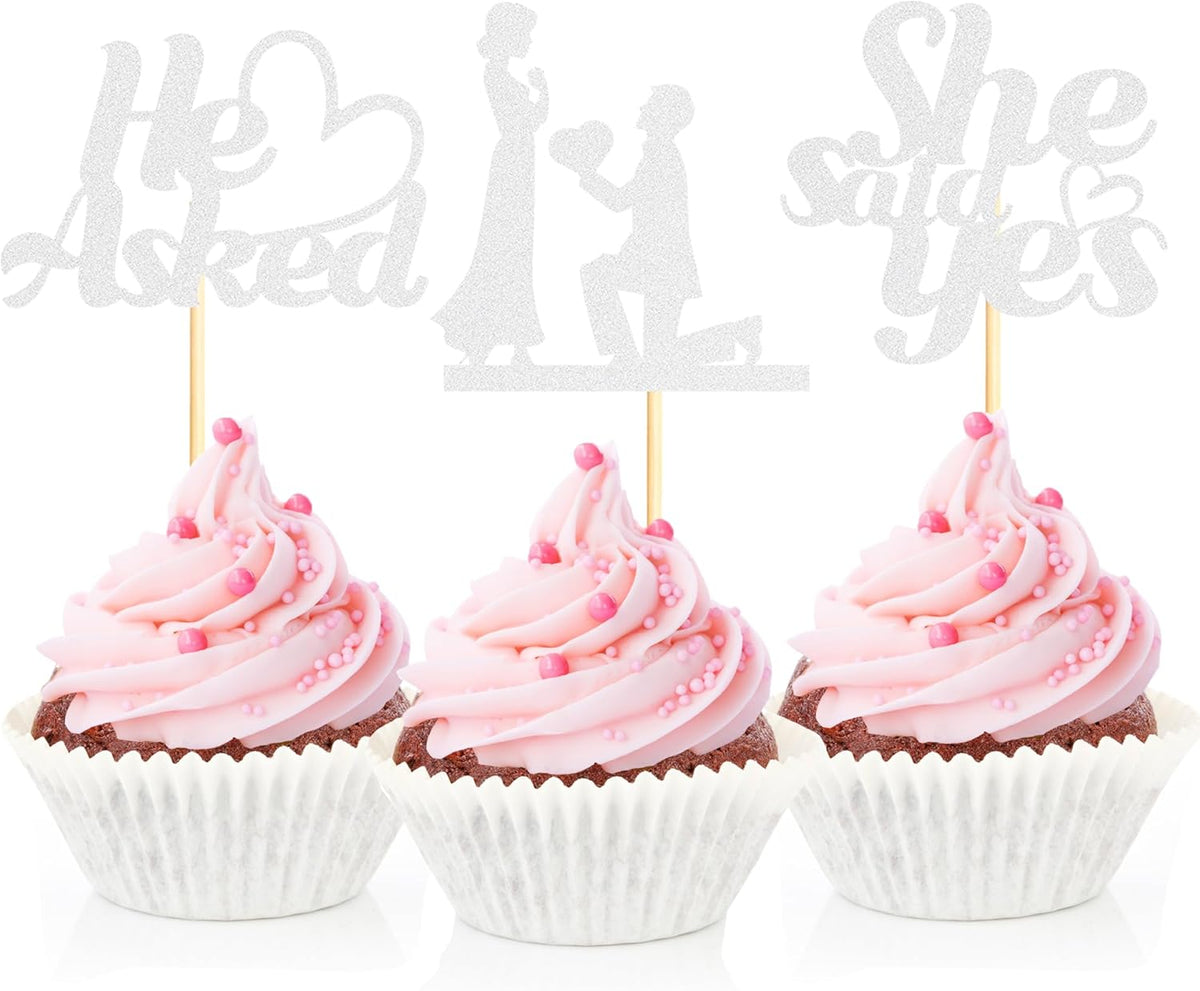 Sotpot 24PCS He Asked She Said Yes Cupcake Toppers With Heart Silver Glitter for Wedding Bridal
