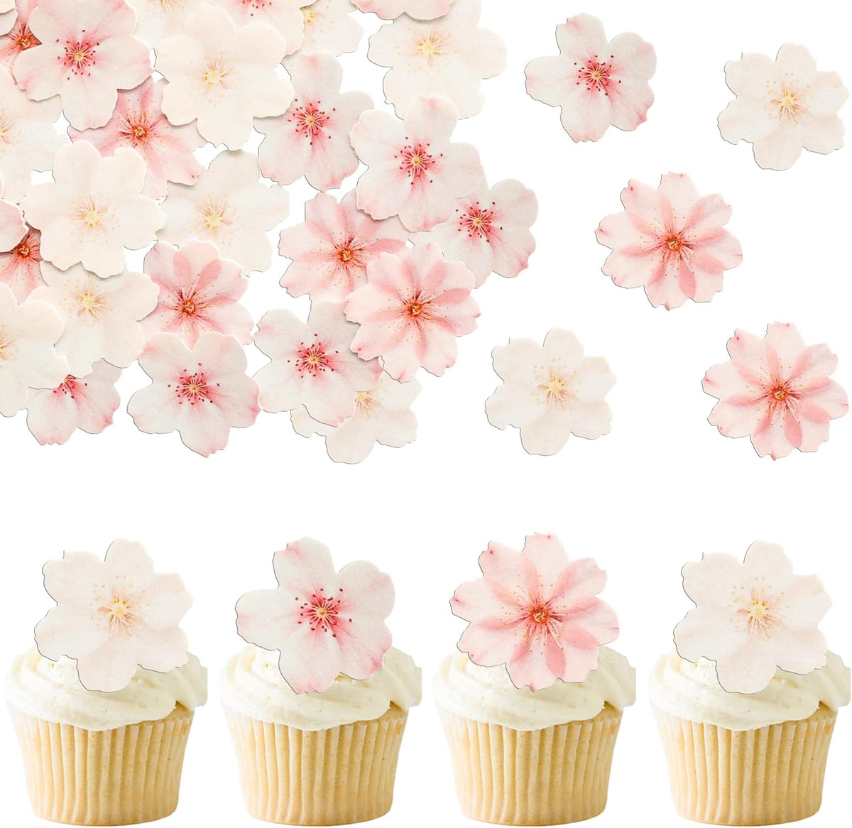 Ephlyn 54Pcs Edible Cherry Blossom Cake Decoration Spring Flowers Cupcake Toppers Wafer Paper