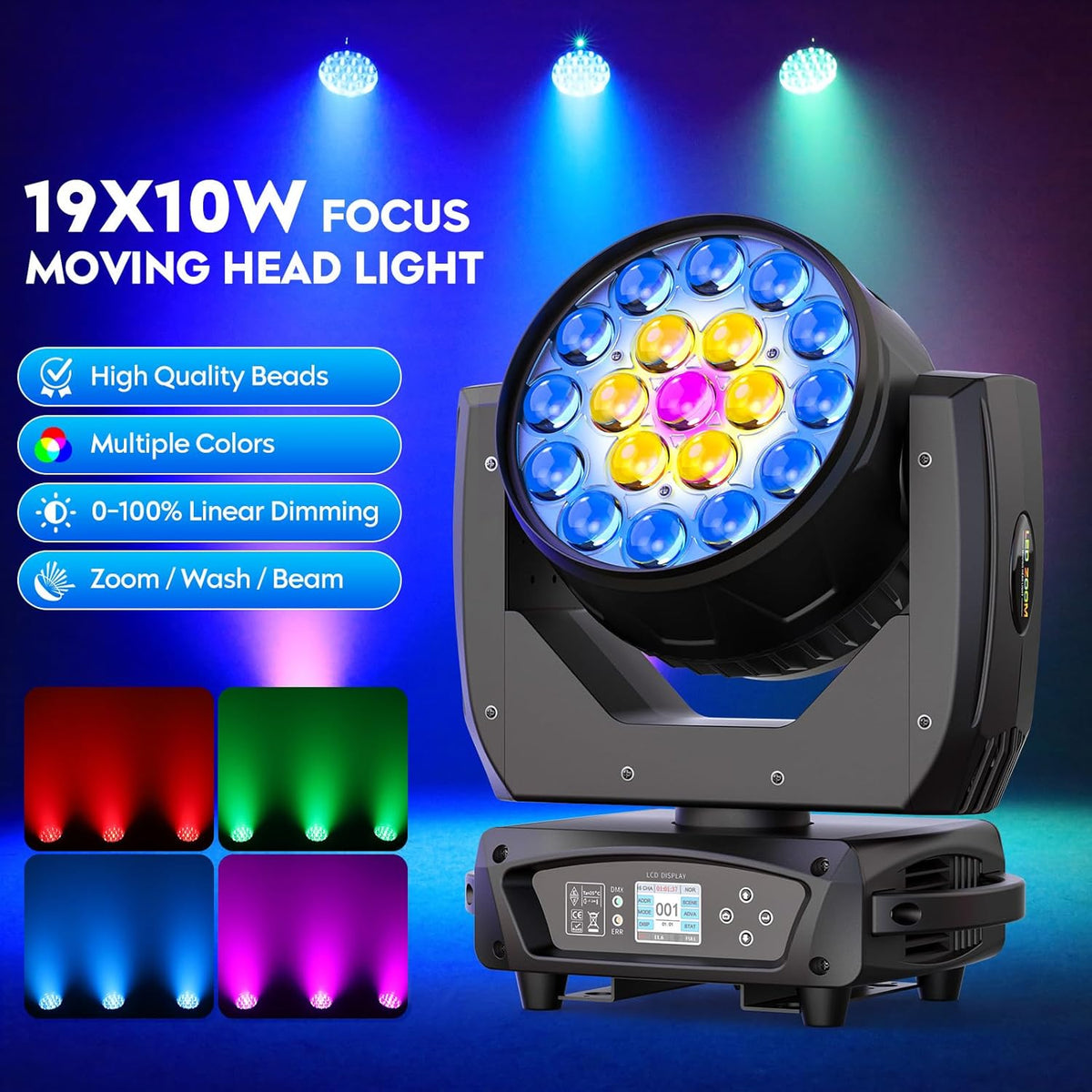 19x10W Moving Head Light Focusing/Beam/Wash/Zoom Effect Stage Lights 4-in-1 LED DMX512 & Sound