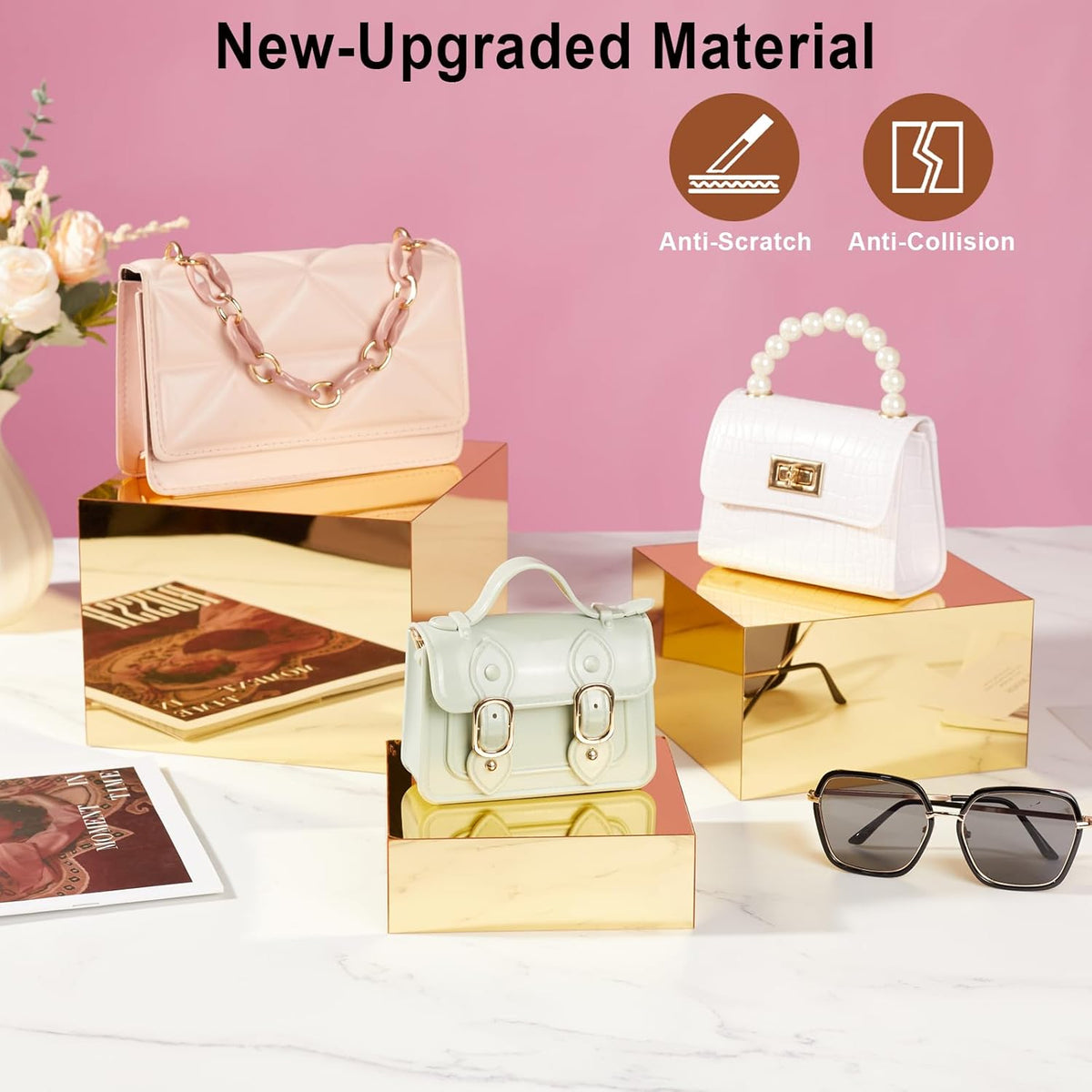 3 Pcs Acrylic Risers for Display, Acrylic Cube Boxes Gold Risers Food Display Risers Stand Shelf