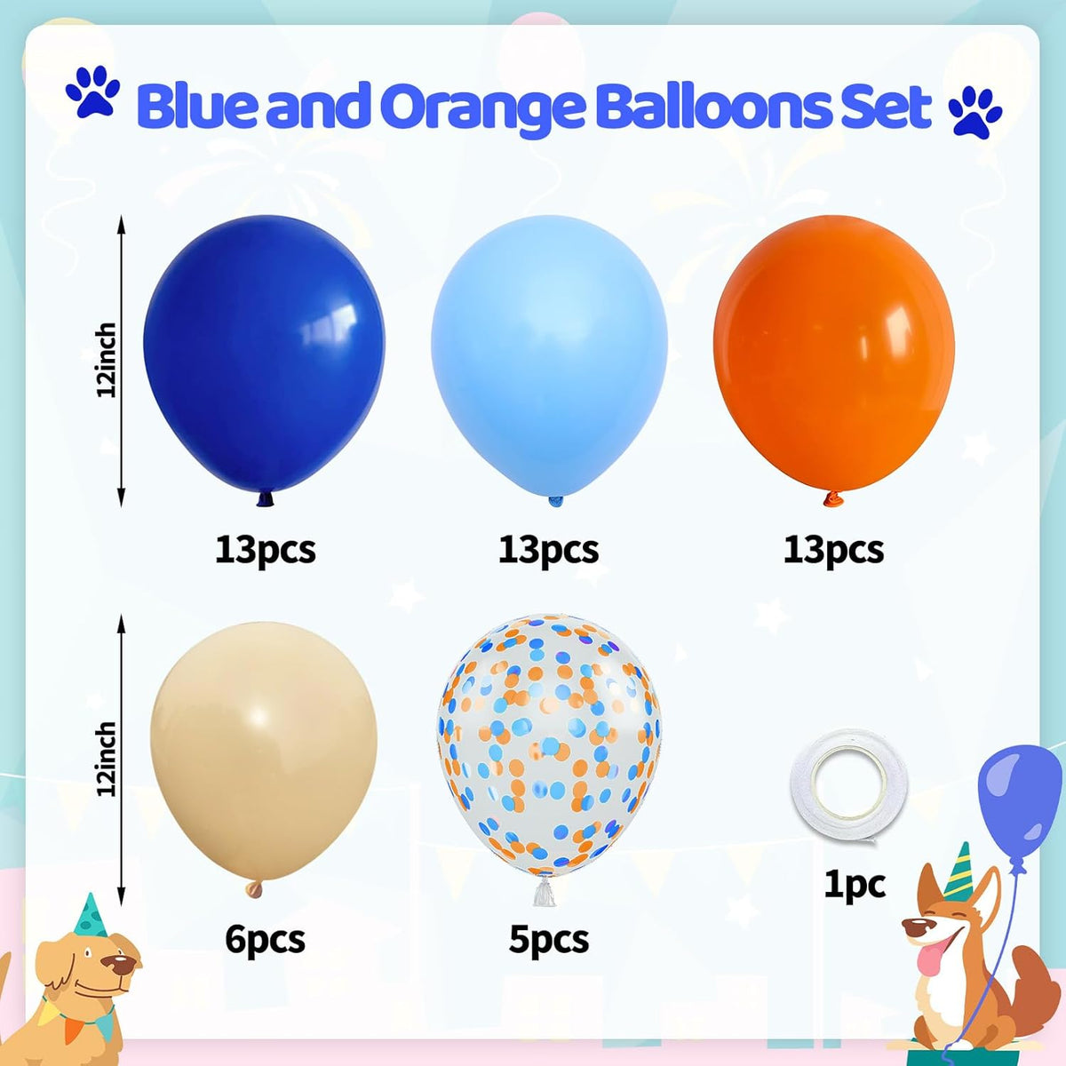 Blue and Orange Balloons Set, 50PCS 12 Inch Confetti Balloon Orange Dark Light Blue Apricot Nude