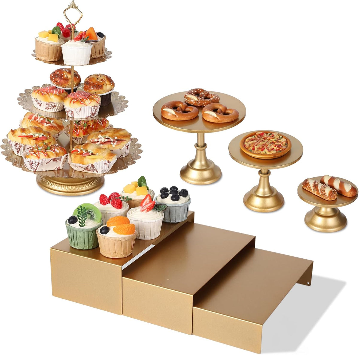 Garvee 7-Piece Gold Metal Cake Stand Set, Dessert Table Display Set with 3 Sizes Round Pedestal