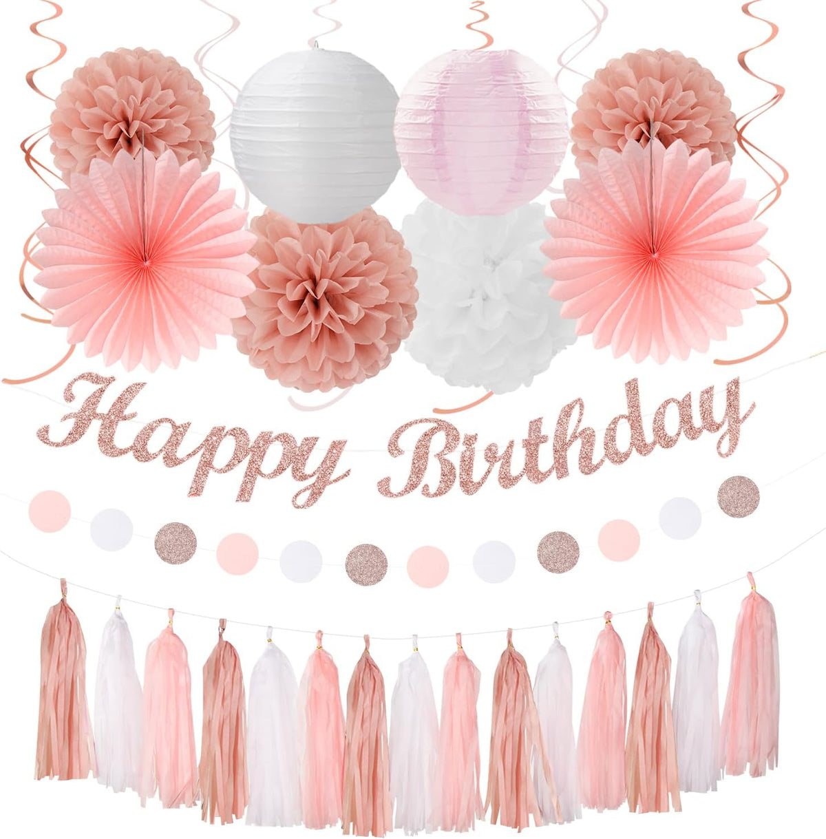 Rose-Gold Pink-White Happy Birthday Party-Decorations - 31pcs Sweet First 16 18th 21st Women Girls