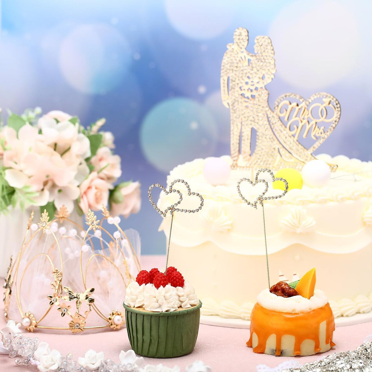 Spiareal 4 Pcs Wedding Cake Topper Mr and Mrs Rhinestone Bride and Groom Love Cake Topper Metal