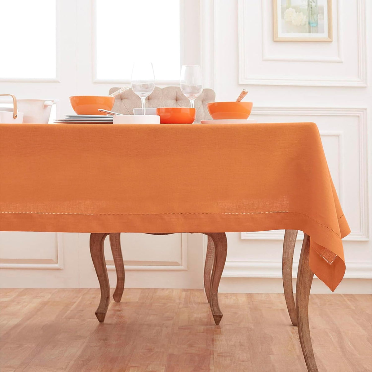 Solino Home Linen Tablecloth 60 x 156 Inch - Classic Hemstitch 100% Pure Linen Pumpkin Table Cloth