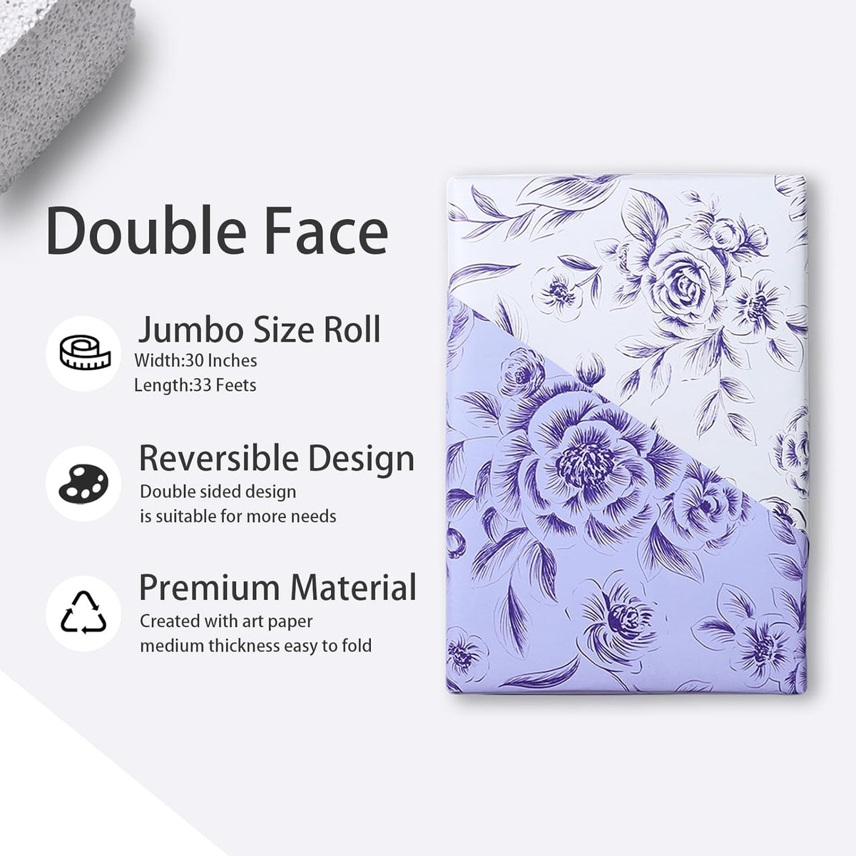 WRAPAHOLIC Jumbo Reversible Floral Wrapping Paper Roll - 30 Inch x 33 Feet - Purple Flower Wrapping