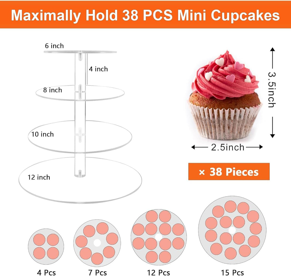 Cupcake Stand, 4 Tier Cupcake Stand for 50 Cupcakes, Round Tiered Cupcake Tower, Clear Acrylic