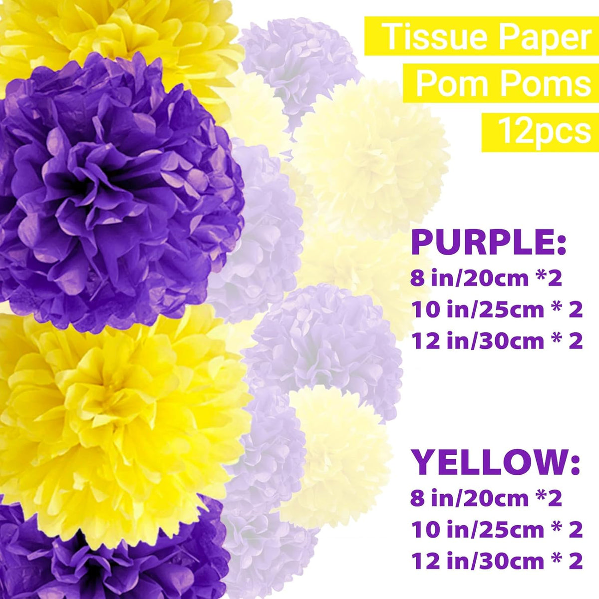 Capesaro Purple Yellow Tissue Paper Pom Poms，12PCS Tissue Paper Flowers for Basketball Sport Theme