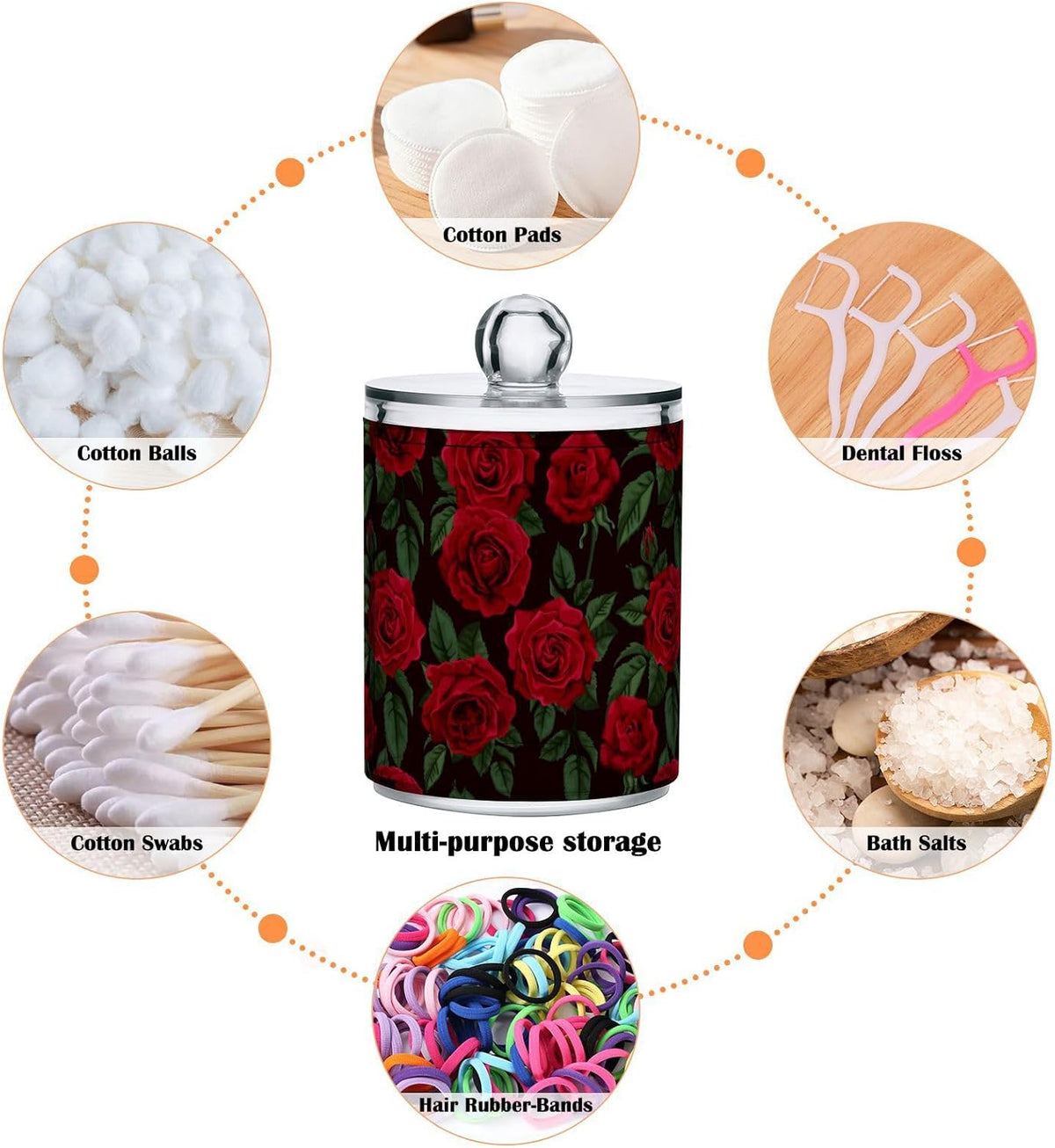 Gredecor Qtip Holder Dispenser 4 Pack Red Rose Flowers Leaves Apothecary Jars with Lids Bathroom