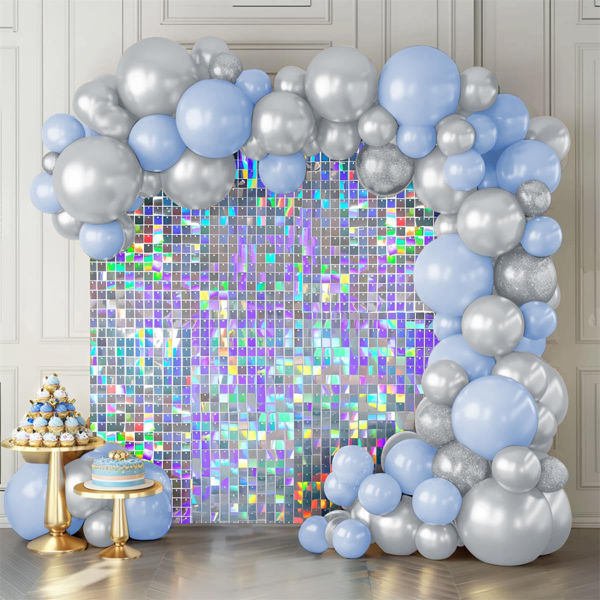 Shimmer Wall Backdrop Iridescent Silver Wall Panels 12Pcs Square Sequin Shimmer Wall Backdrop