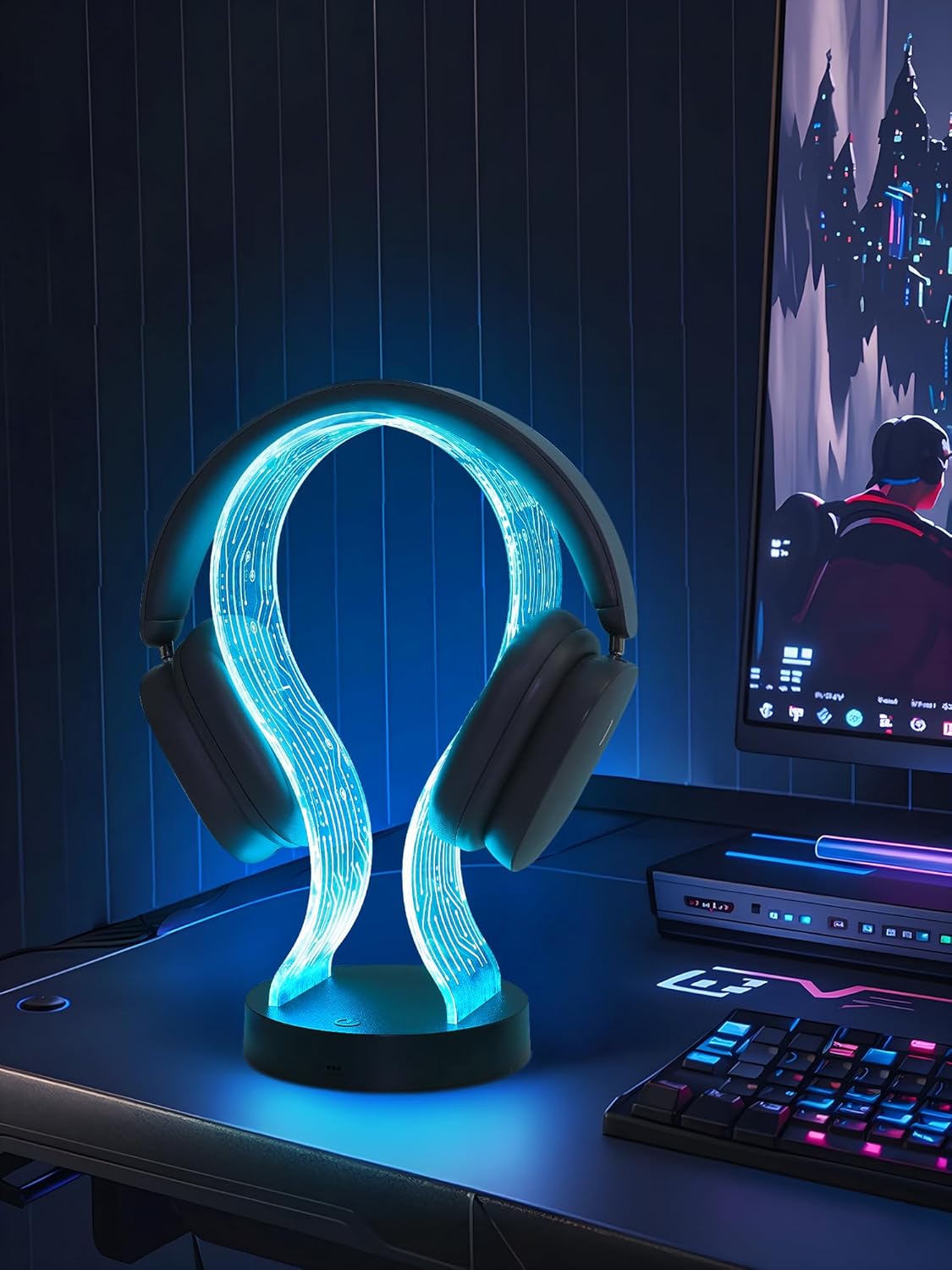 Light Up Headphone Stand with 16 Color Lights, PCB Pattern Acrylic Headset Stand with 1 USB and 1