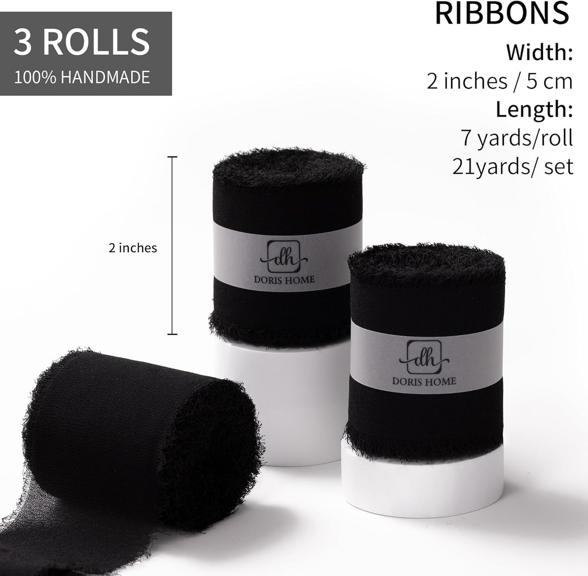 DORIS HOME Black Chiffon Ribbon for Flower Bouquet, 2" x21Yd Fabric Ribbon for Gift Wrapping