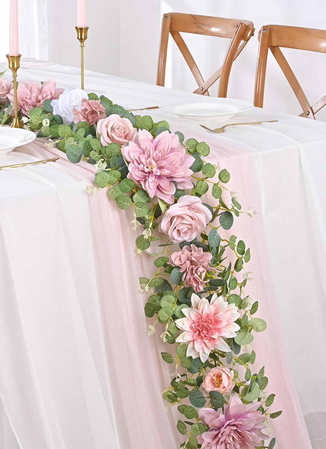 Waipfaru Artificial Flower Garland, 6.07ft Eucalyptus Garland with Flowers for Wedding Reception