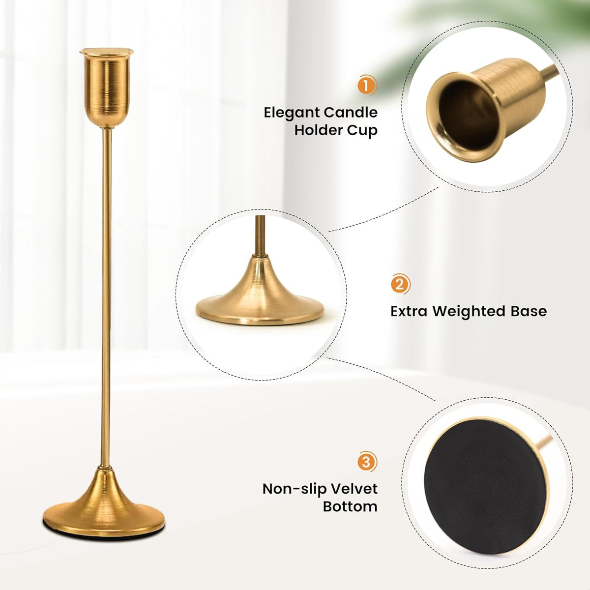 Brass Gold Candle Holder - 3 PCS Taper Candlestick Holders - Vintage Candle Stick Holders - Modern