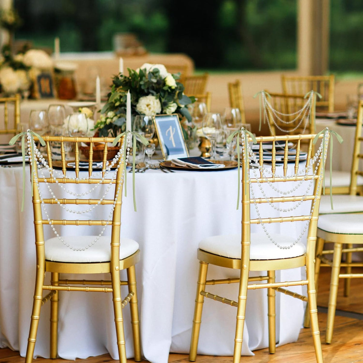 16 Pcs Wedding Pearl Bow Chair Decor Satin Ribbon Bows with Pearl Beaded String Garland Aisle Chair