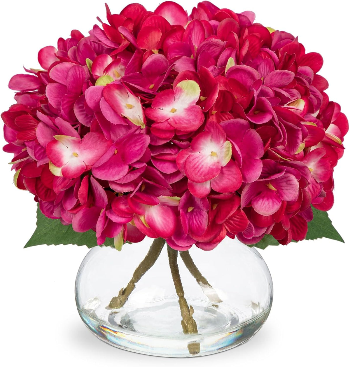 Hollyone Hydrangea Artificial Flowers with Glass Vase Fuchsia Silk Faux Flowers Arrangements in