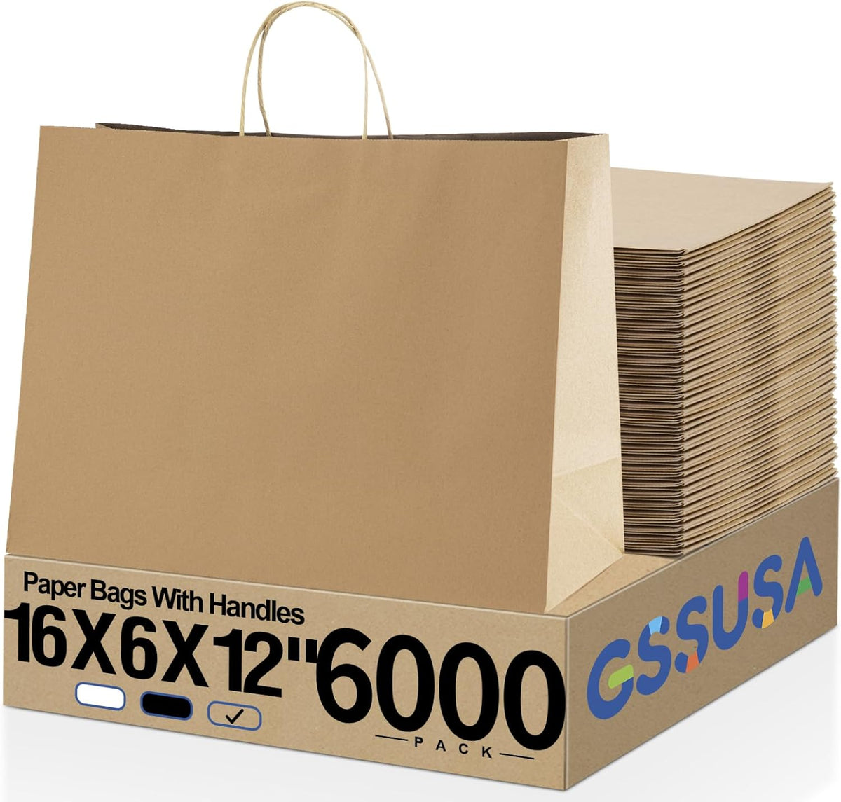 GSSUSA 16x6x12 Inches Large Paper Bags with Handles, 6000 Pack Brown Paper Gift Bag, Recyclable