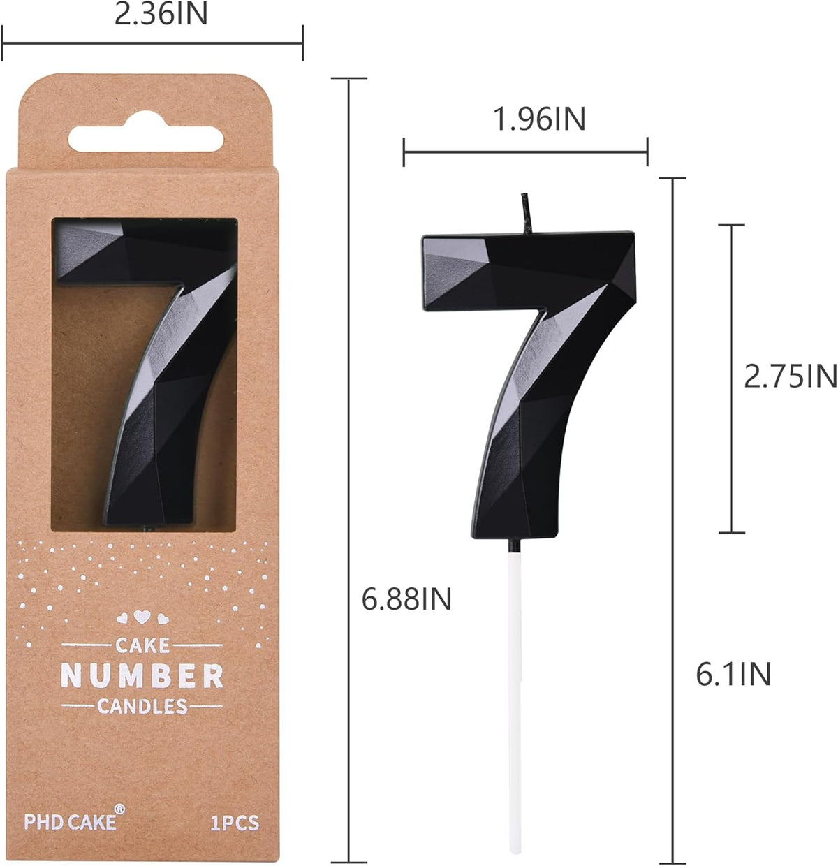 PHD CAKE 2.76 Inch Crystal Black 7 Number Birthday Candles, Red Number Candles, Cake Number