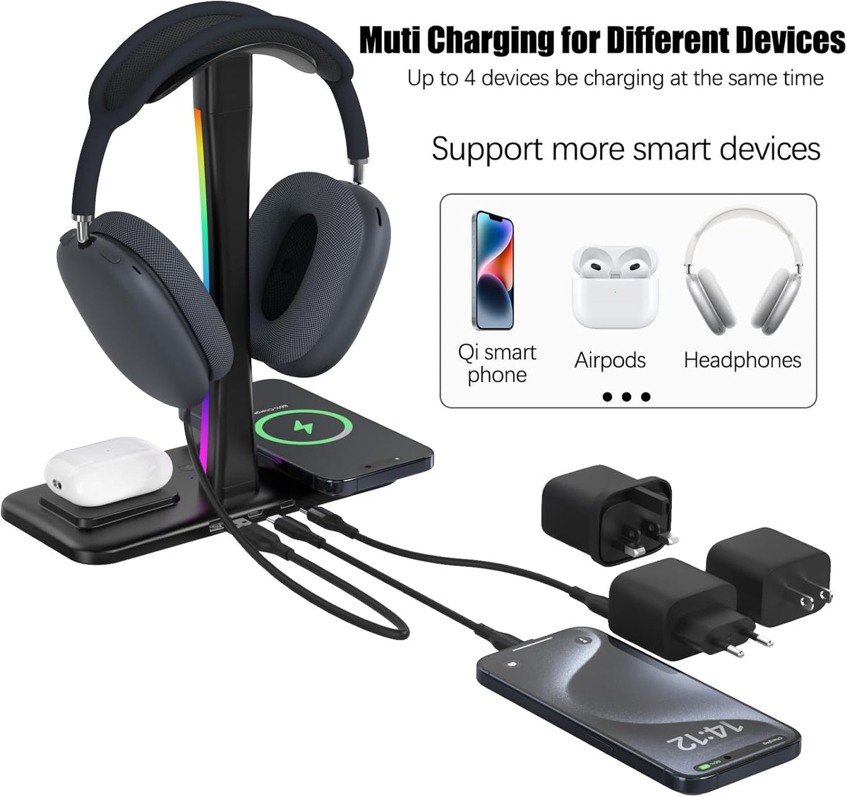 Headphone Stand with Wireless Charger,Gaming HeadsetStand with RGB Light Mode,AirpodMaxStand