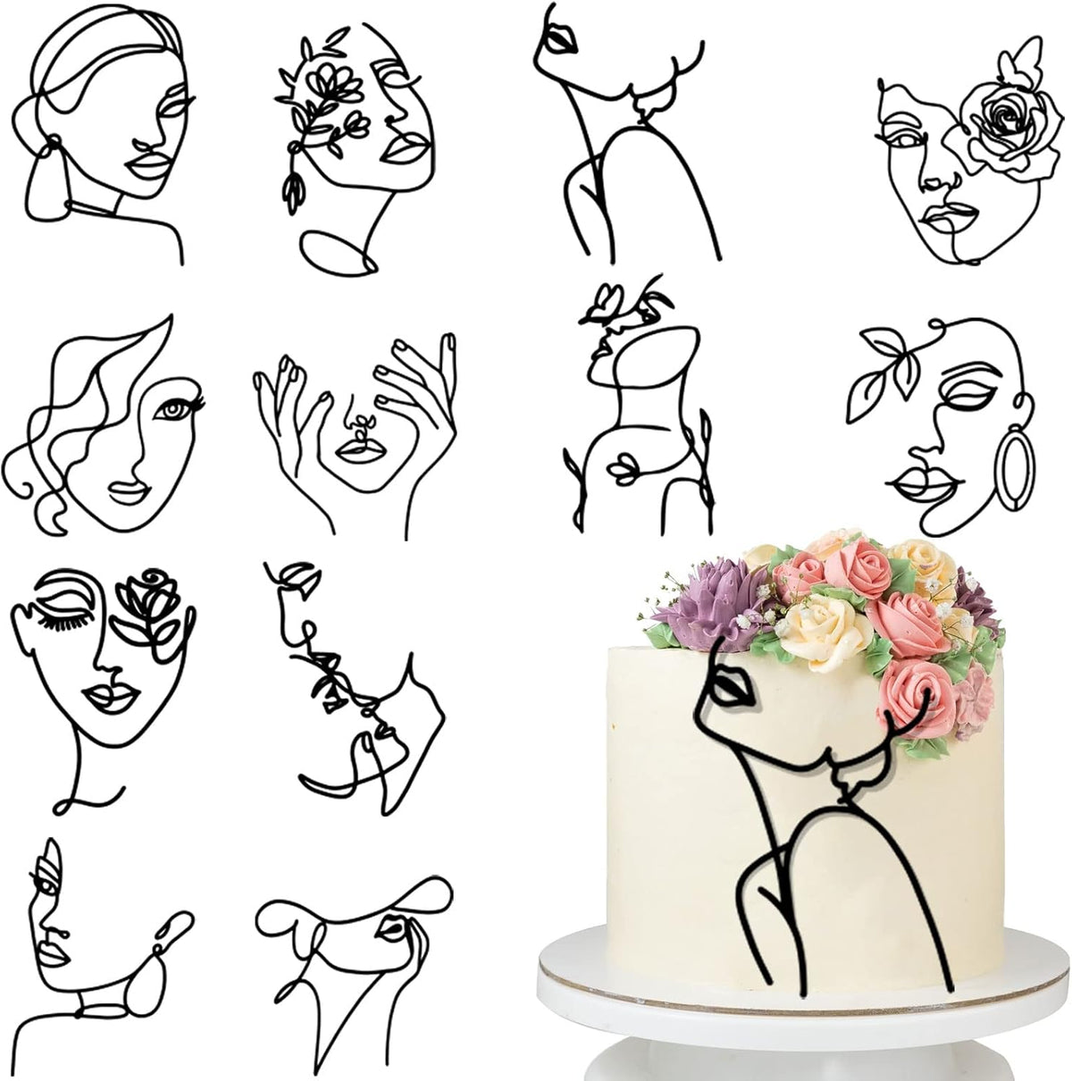 12 Pcs Acrylic Lady Face Cake Topper Minimalist Art Happy Birthday Cake Toppers Women Wedding Cake