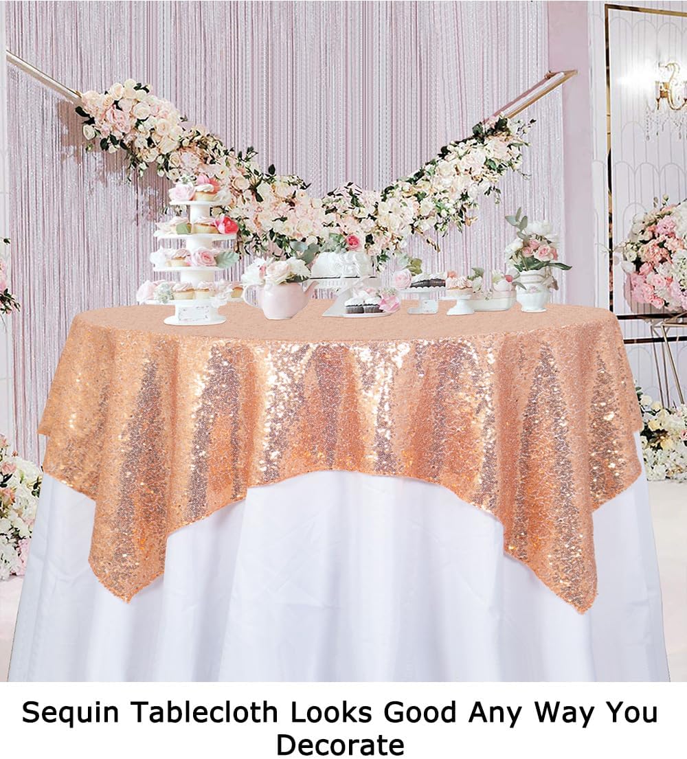 ShinyBeauty Small Tablecloth Square 36x36-Inch Rose Gold Sequin Tablecloths Glitter Table Cover