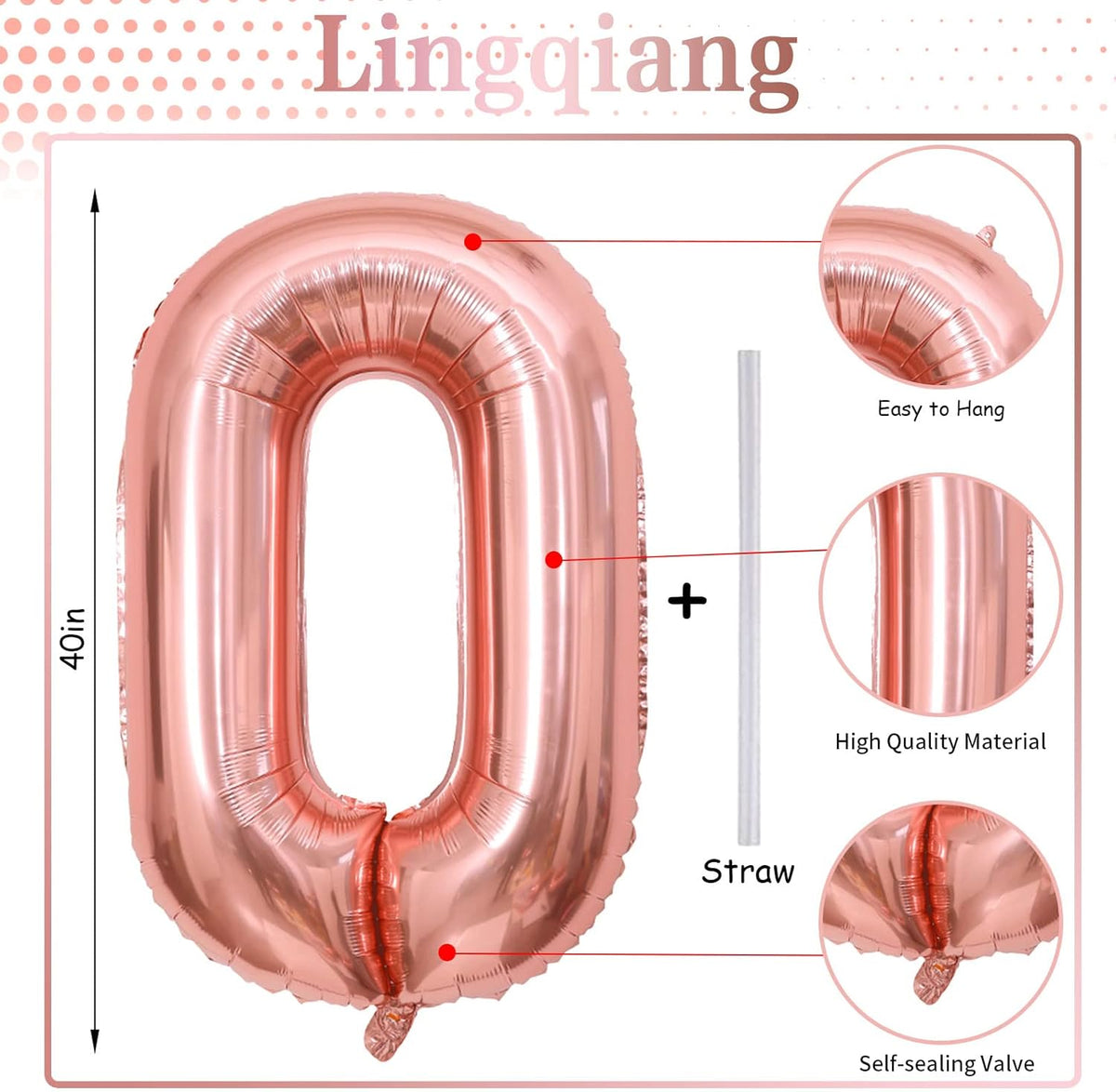 40" Rose Gold Number 0 Balloon for Girls, Large Self Inflating Helium Foil Number Balloons Set 0-9