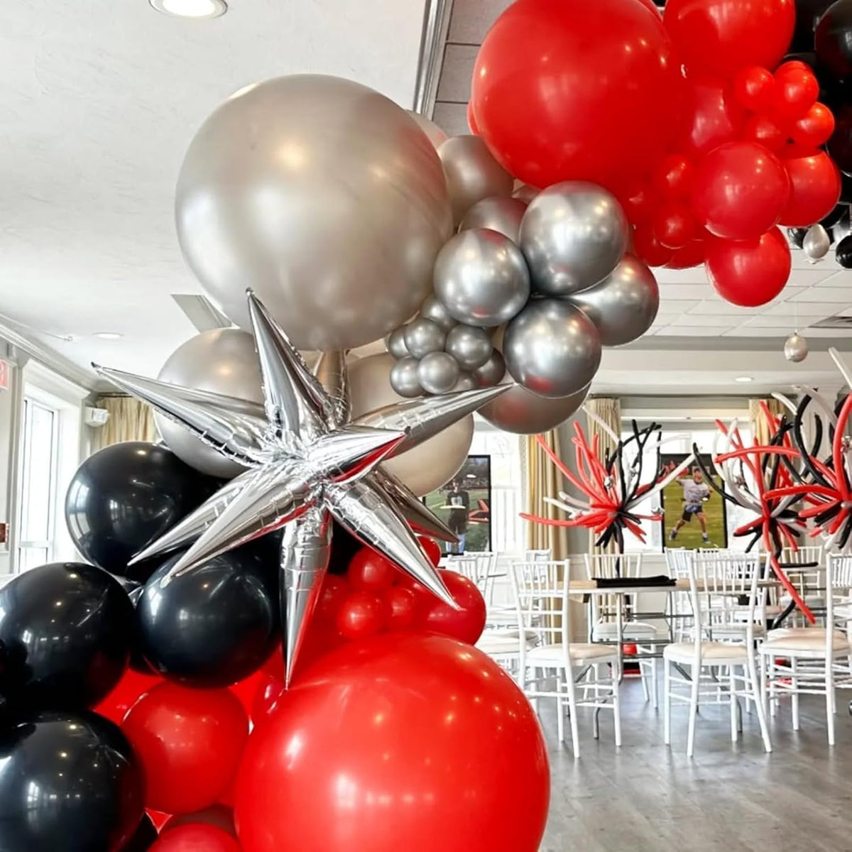 Black Red Silver Star Balloons 12pcs, 27/22 Foil Inch Star Explosion Balloons, Large Spike Mylar