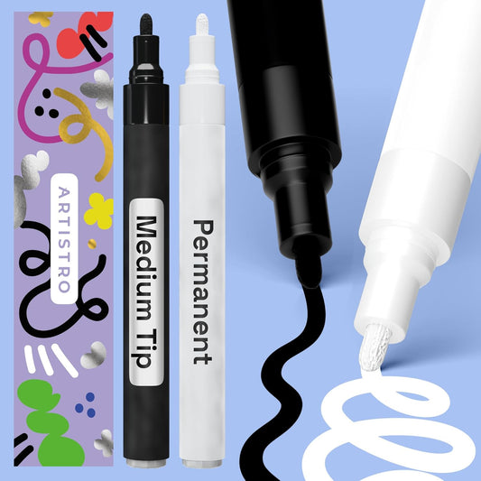 ARTISTRO 2 Black & White Permanent Marker - Waterproof Markers for Tire, Fabric, Rocks, Glass