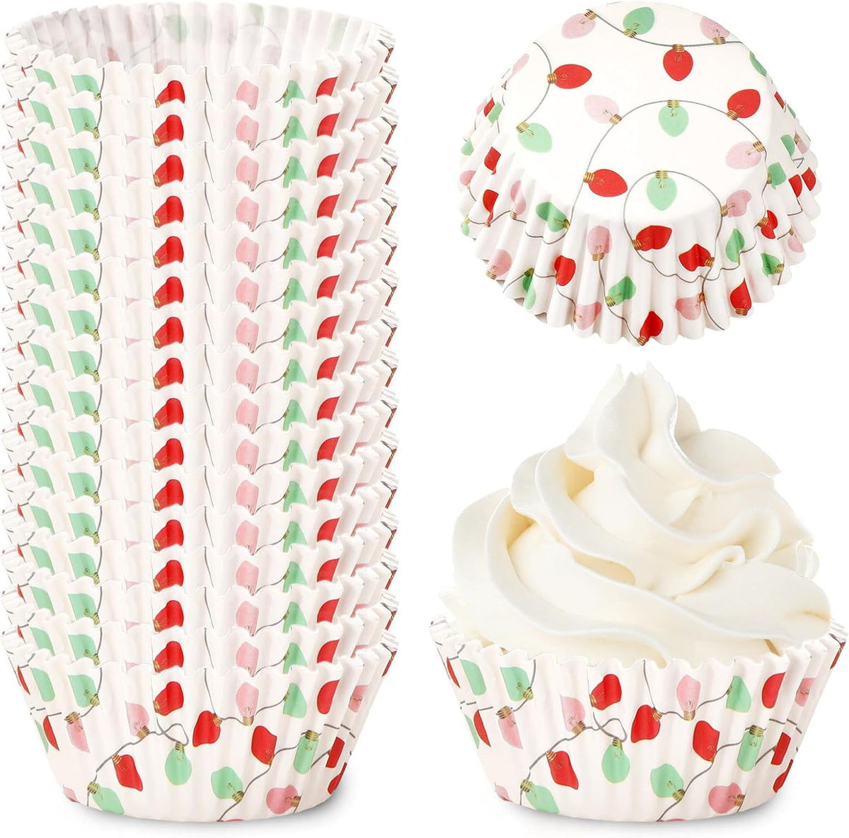 Whaline 300Pcs Christmas Paper Baking Cups Light Bulb Cupcake Liners Xmas Winter Muffin Liner Cake
