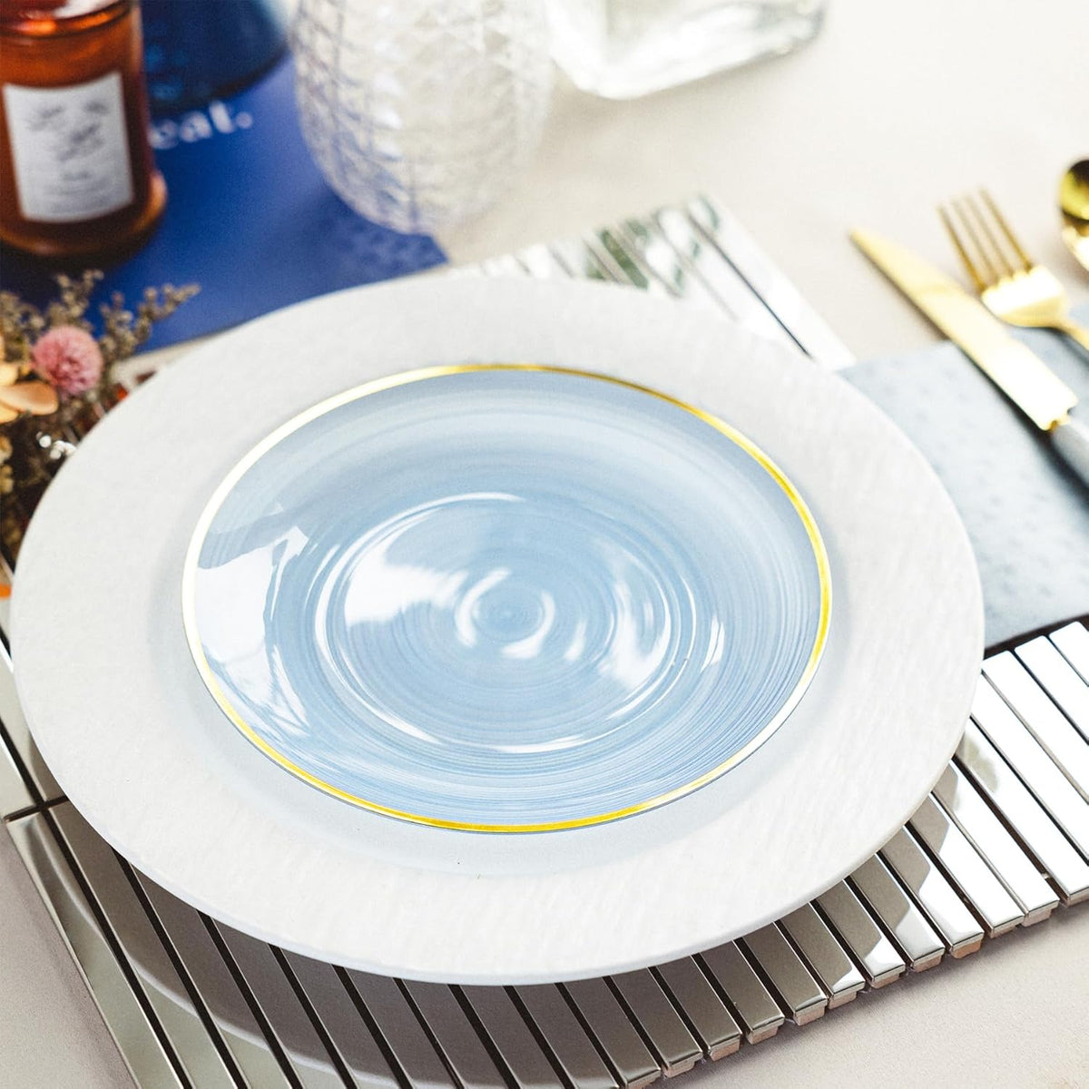 100PCS Transparent Blue Gold Plastic Plates, 7 Inch Heavy Duty Disposable Dessert Plate with Gold
