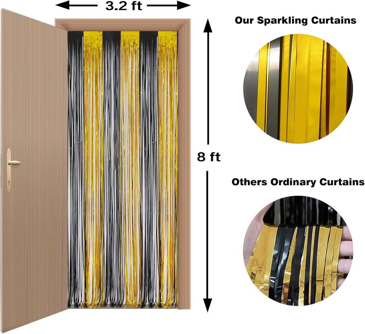 Melsan Foil Curtain Tinsel Backdrop - 3.2ft X 8ft Black and Gold Fringe Curtain Photo Streamers