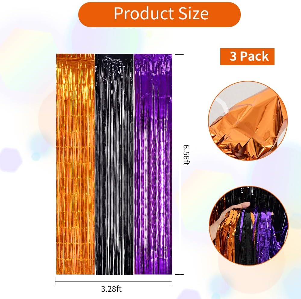 TONIFUL 2Pcs Orange Purple Black Metallic Tinsel Foil Fringe Curtains,3.28ft x 6.56ft Halloween