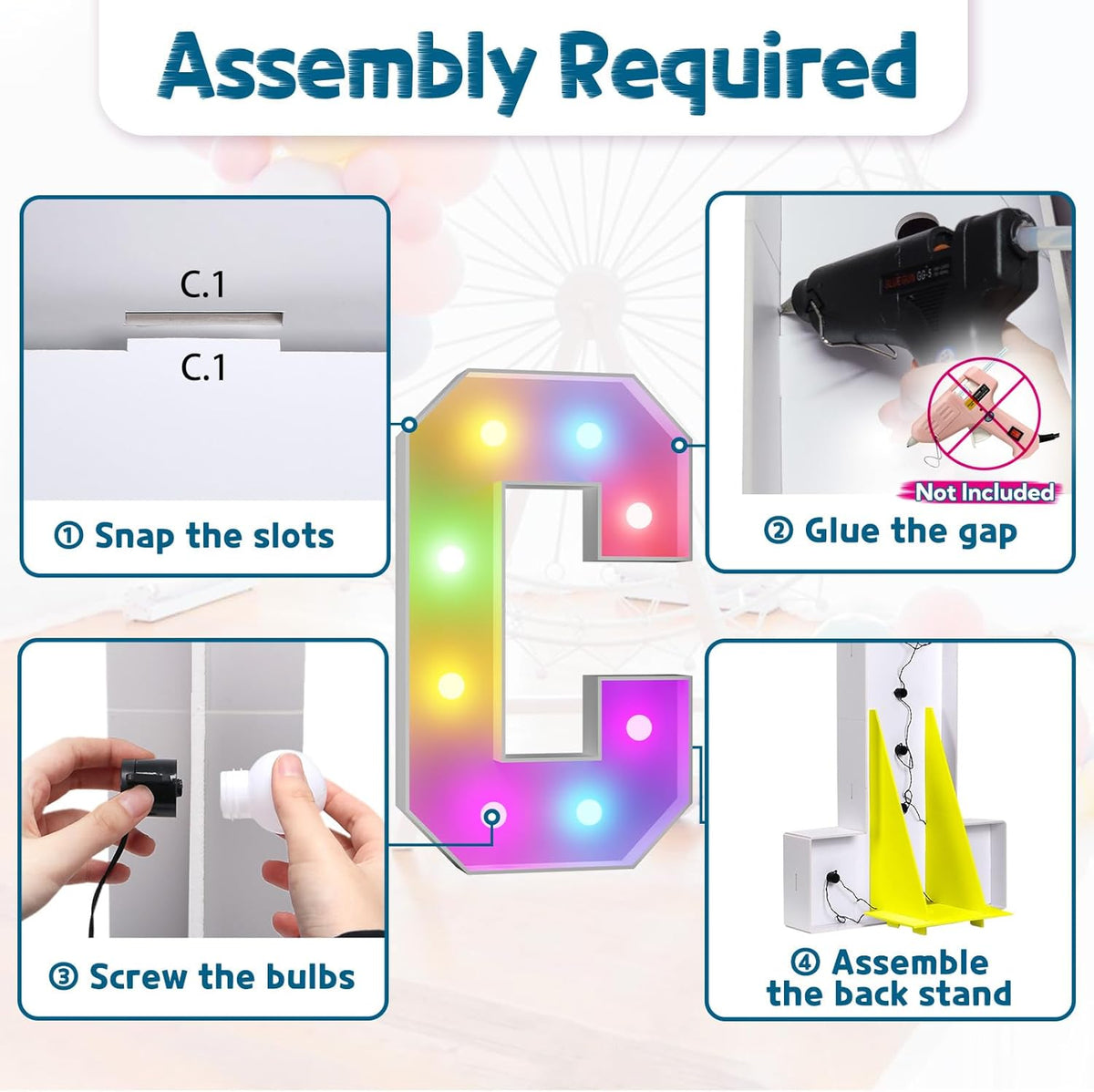 imprsv 3FT Colorful Marquee Light Up Letters C, 18 Color Light Up Alphabet Sign with Remote, Baby &