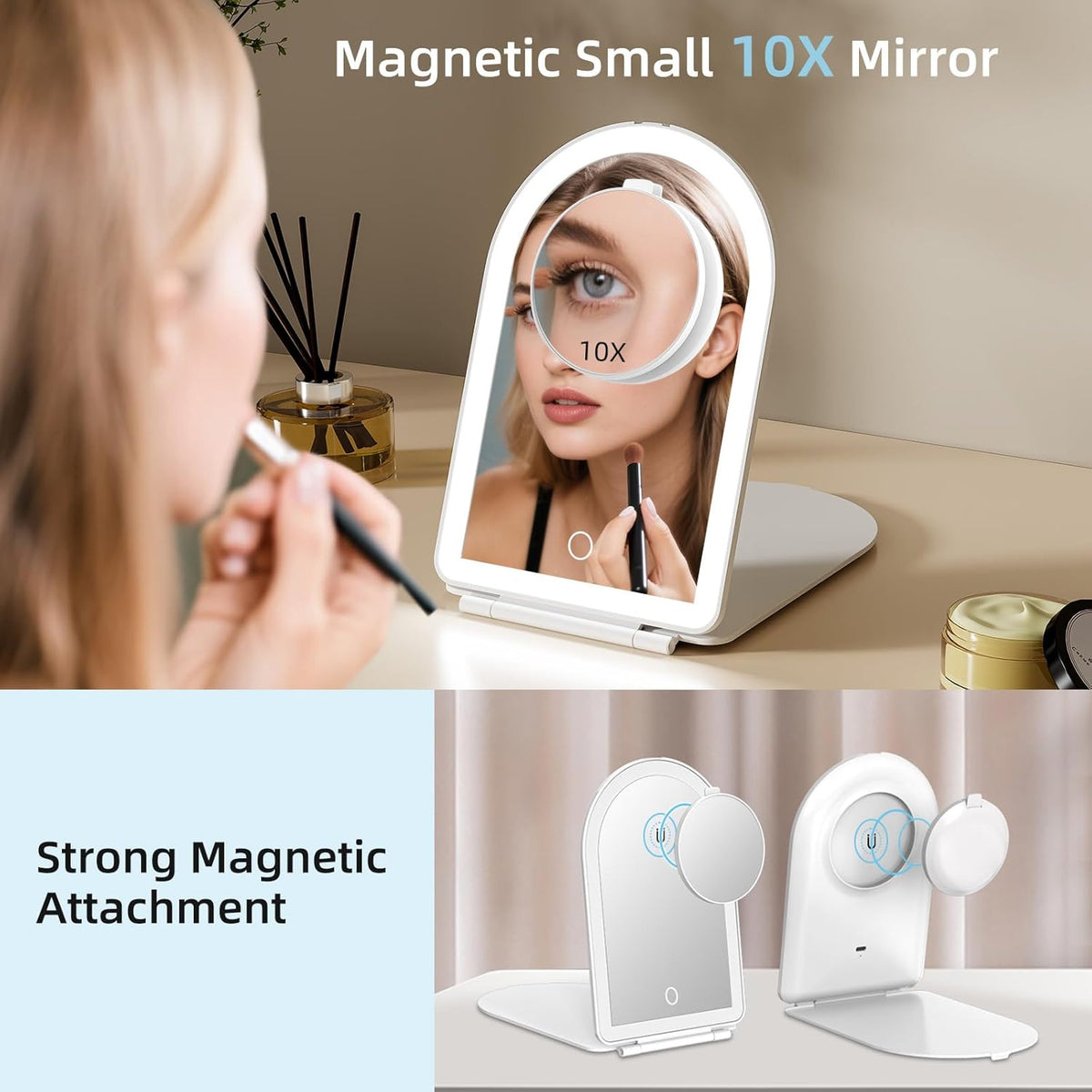 FUNTOUCH Rechargeable Travel Makeup Mirror with Lights,Portable Lighted Compact Mirror with Small