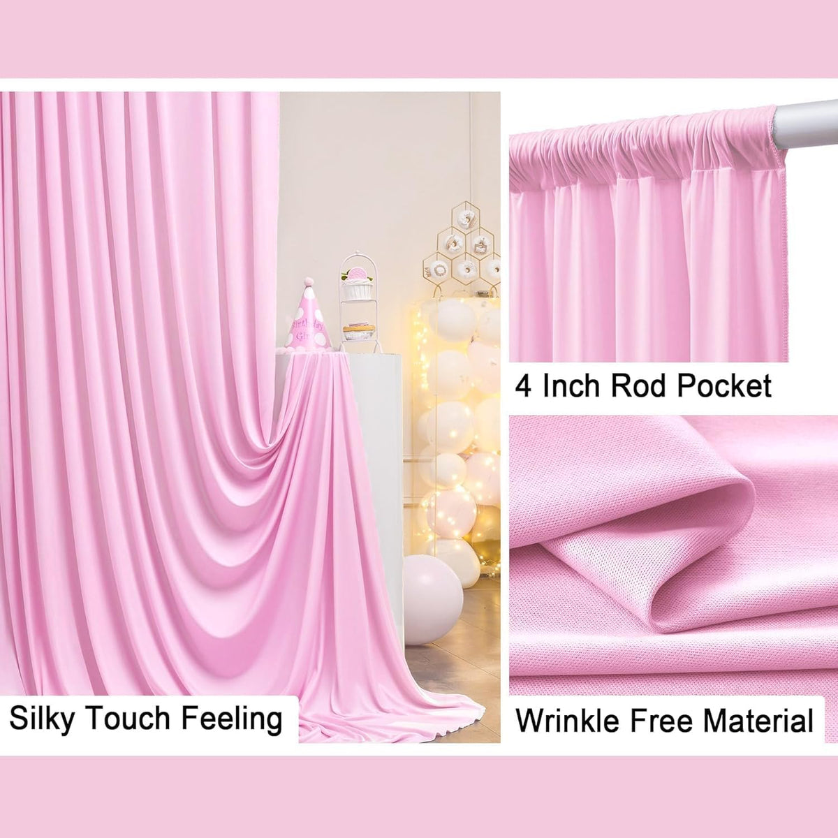 40 ft x 10 ft Wrinkle Free Baby Pink Backdrop Curtain for Parties, 8 Panels 5ftx10ft Polyester