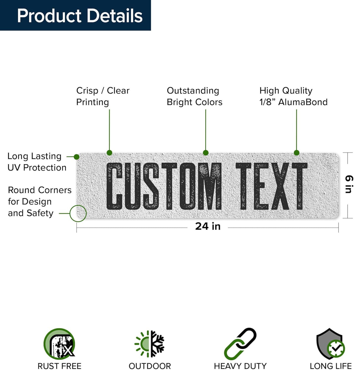 Custom Sign, Custom Street Sign, 11 Font Colors, 13 Font Styles, 4 Hole Options, 22 Sizes, 6x24
