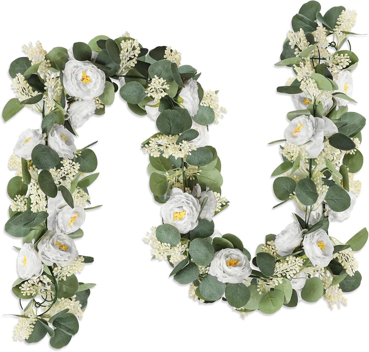 MAKHOT 2Pack White 6.6Ft Artificial Eucalyptus Garland with Flowers, Fake Rose Gypsophila Vine Rose