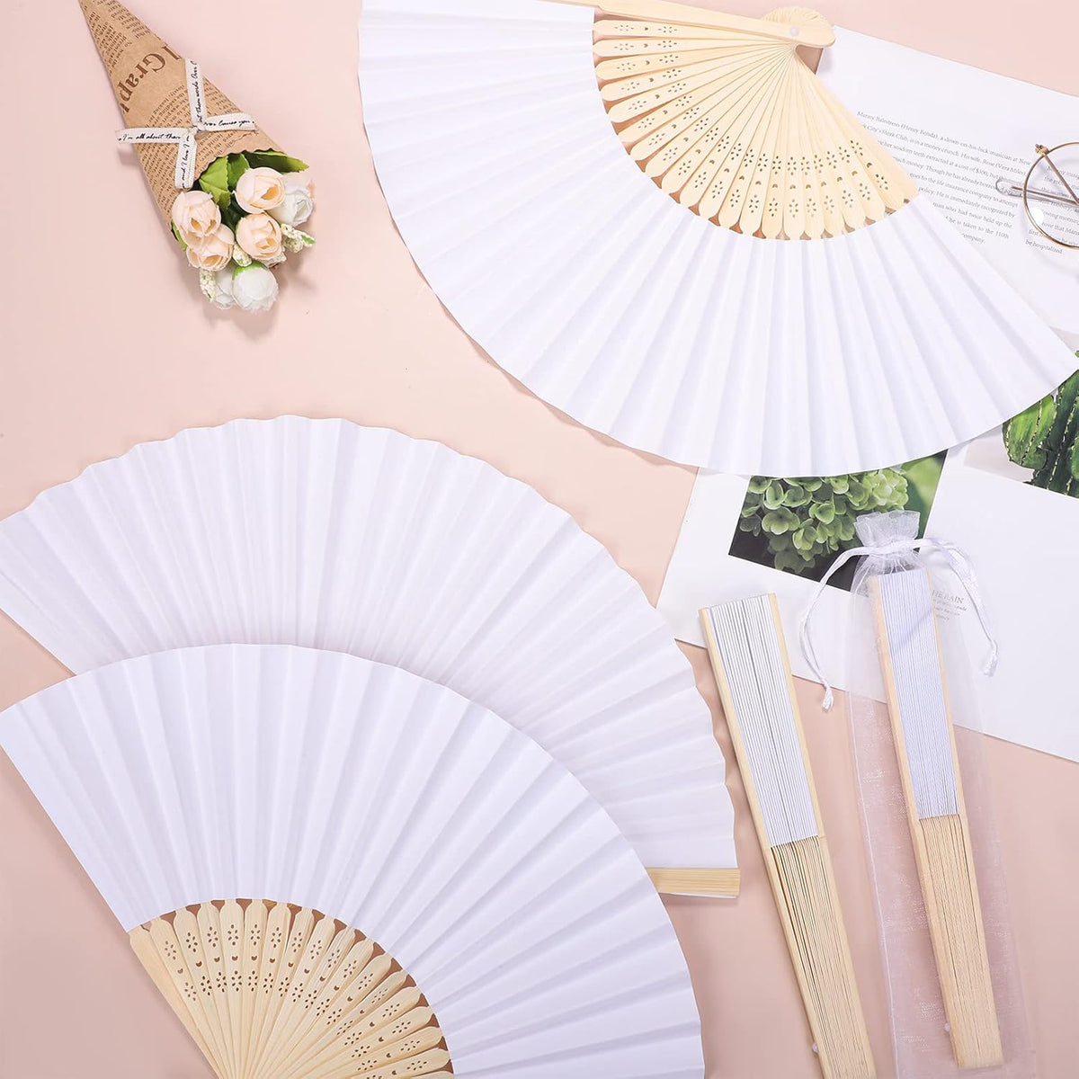 MCEAST 80 Pieces White Folding Paper Fans Wedding Fans Handheld Paper Fan White Bamboo Hand Fan